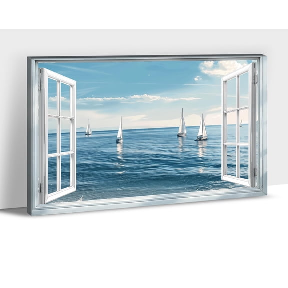 Beach Canvas Wall Art, Ocean with 3D Beach Window Pictures, Coastal Bird Seascape Canvas Prints Artwork, Nature Coastal Scenery Painting for Living Room Bedroom Bathroom Office Home Decor