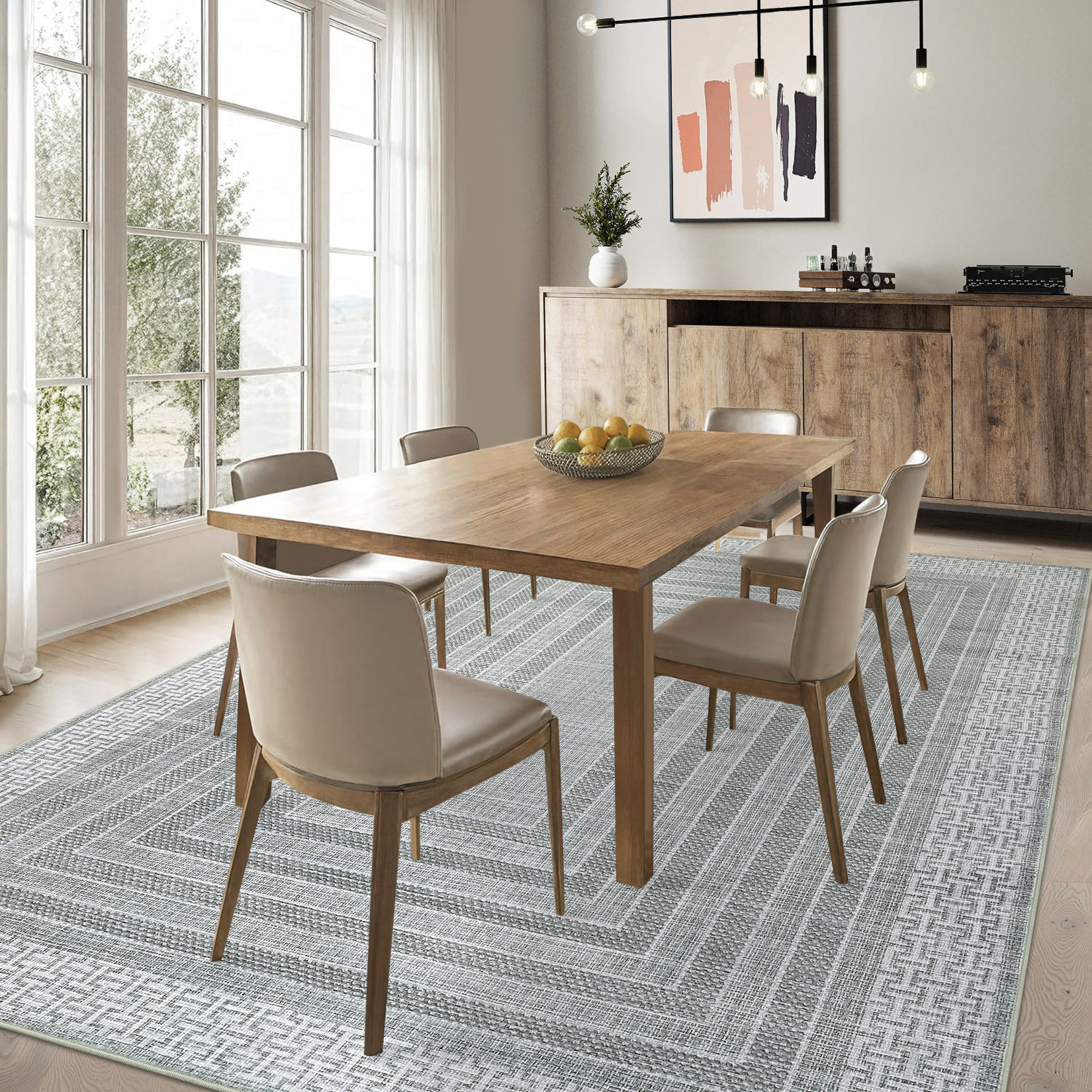 Garvee 10'x13' Geometric Bordered Area Rug Contemporary Indoor Carpet, Washable Rug Non Slip Low Pile Rug for Living Room Bedroom Dining Room, Gray