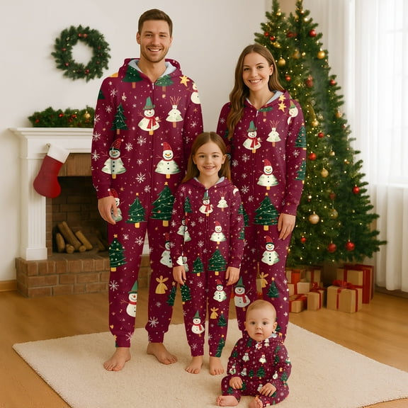 Family Christmas Pajamas Matching Sets, Red Hooded Zipper Onesie Jumpsuit with Snowman Print, Funny Matching Family Christmas Pajamas Sleepwear Loungewear for Couples, Women & Men
