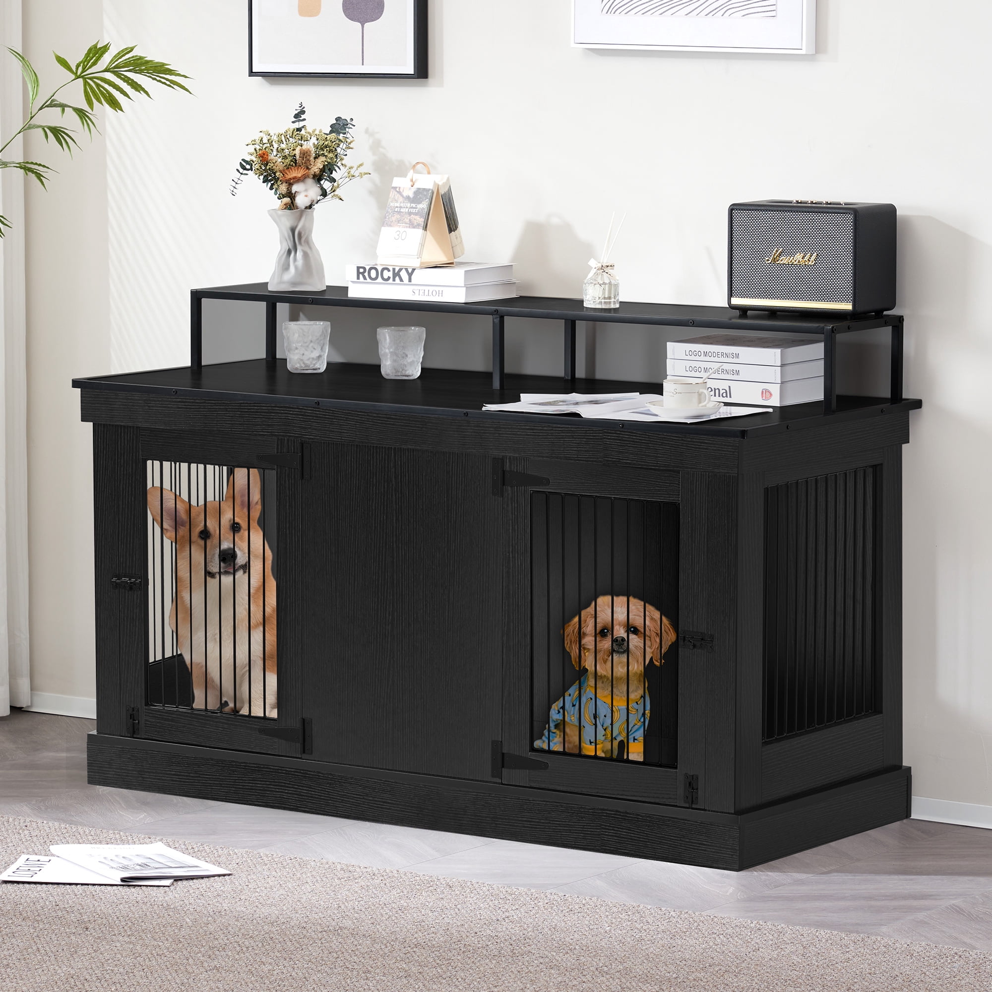MCombo 52.7‘’ 2-Door Wooden Dog Crate Furniture TV Stand 1861 (Black)