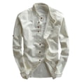 thumbnail image 3 of Migroa Men's Linen Shirts Long Sleeve Shirts Casual Button Down Banded Collar Shirt Beach Summer Tops Spread Collar Beach Plain Tops White M, 3 of 5