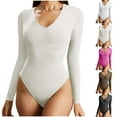 thumbnail image 5 of Womens Ribbed Knit Bodysuit Top V Neck Long Sleeve Stretch Tight Fit Casual Bodycon Onesies Solid Color Underwear (Medium, Beige), 5 of 5