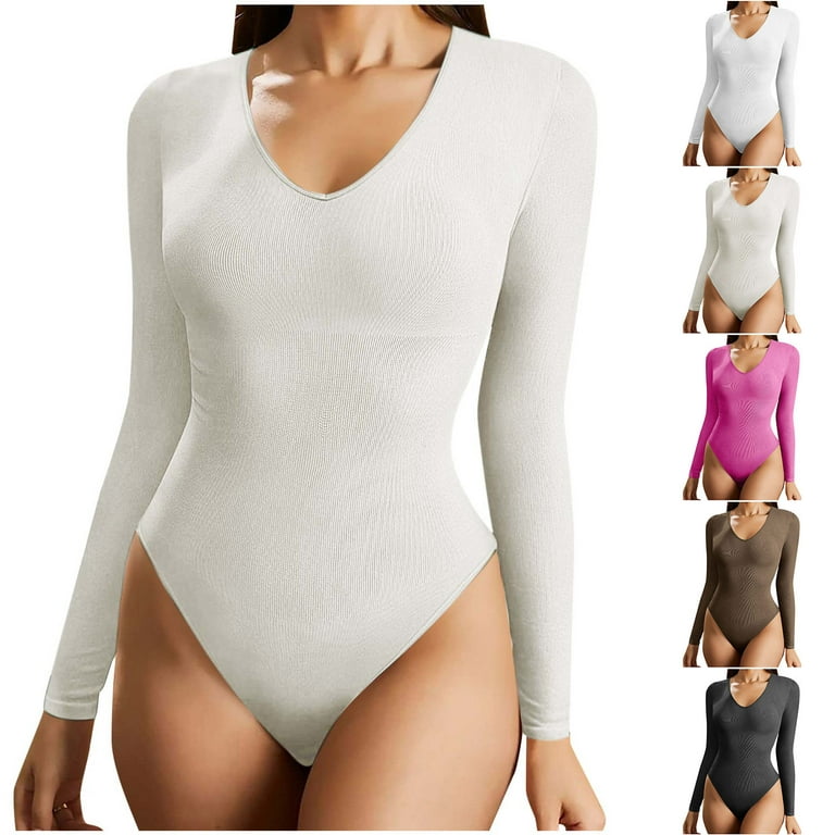 Womens Ribbed Knit Bodysuit Top V Neck Long Sleeve Stretch Tight Fit Casual  Bodycon Onesies Solid Color Underwear (Large, White)