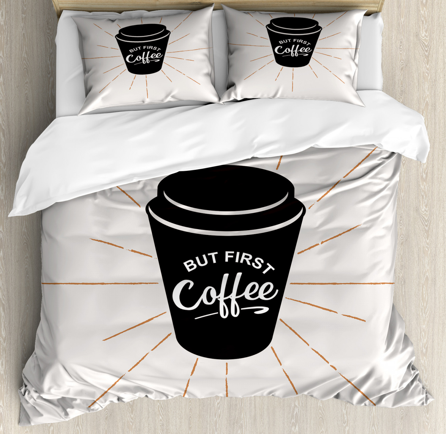 But First Coffee Duvet Cover Set, Simplistic Coffee Cup with a Text on
