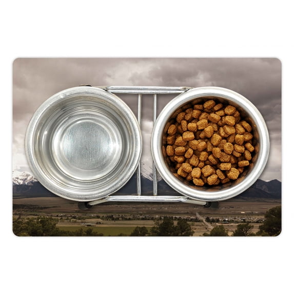 Kansas Pet Mat for Food and Water, Clouds and Snow Capped Mountains in Colorado Dramatic Sky Overcast Gloomy Weather, Non-Slip Rubber Mat for Dogs and Cats, 18" X 12", by Ambesonne