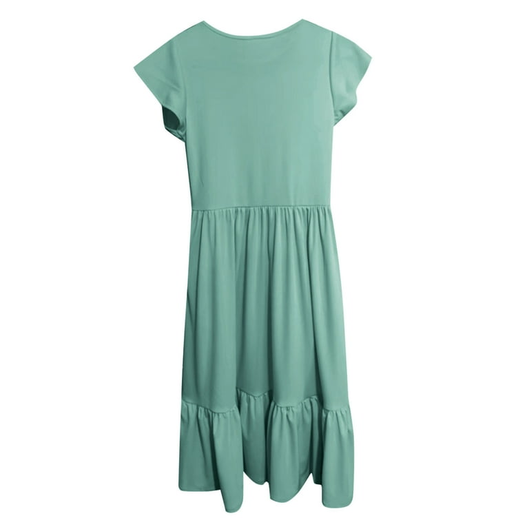 summer casual dresses for juniors MIXUE Girls Casual Dresses Juniors Summer Solid Color Crew Neck Short  Sleeve Loose Casual A Line Dress With Pockets Beachwear,Green,12-13 Years