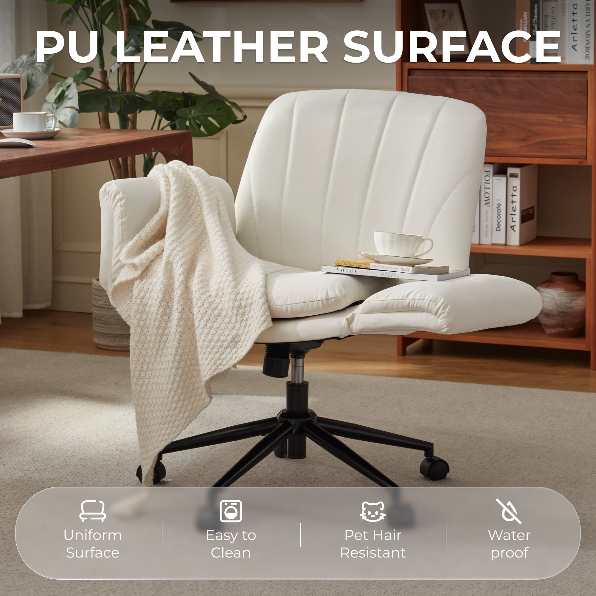 GOOSEA Adult PU Leather Criss Cross Indoor Makeup and Gaming Swivel and Adjustable Arms Office Chairs, Beige
