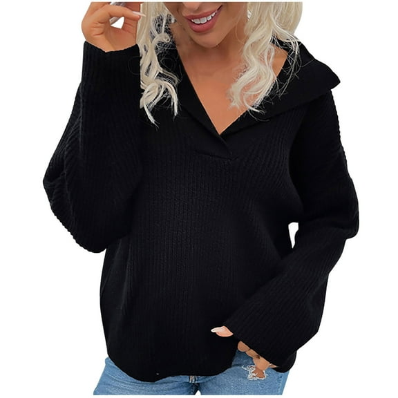 Fall Sweater for Women 2022 Ribbed Knit Sweaters Solid Color Long Sleeve Sweater V Neck Lapel Collar Sweater Pullover Knit Sweater Vintage Christmas Sweater Romper