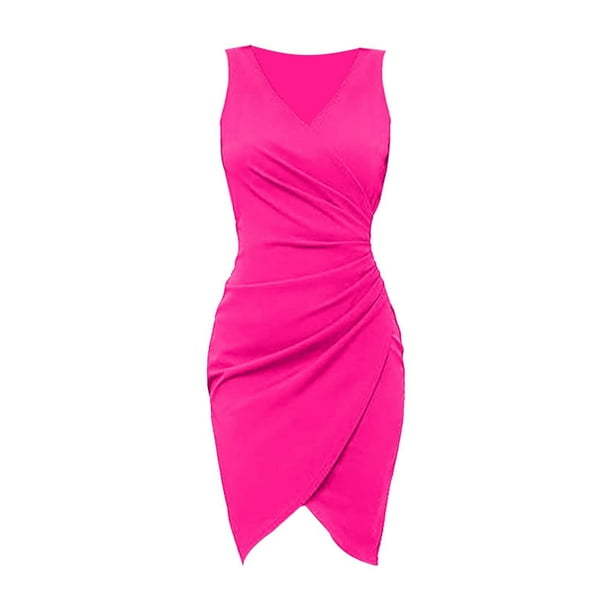 Vestido sexy de fiesta sin mangas con cuello en V, plisado y color liso para mujer