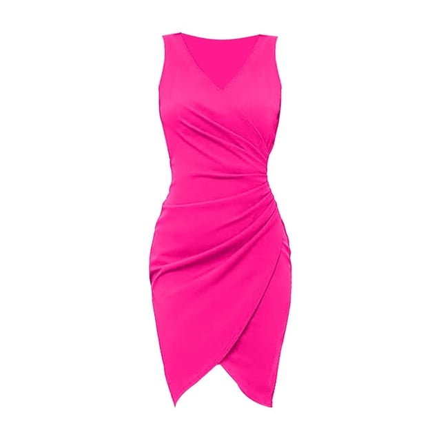 Vestido sexy de fiesta sin mangas con cuello en V, plisado y color liso para mujer