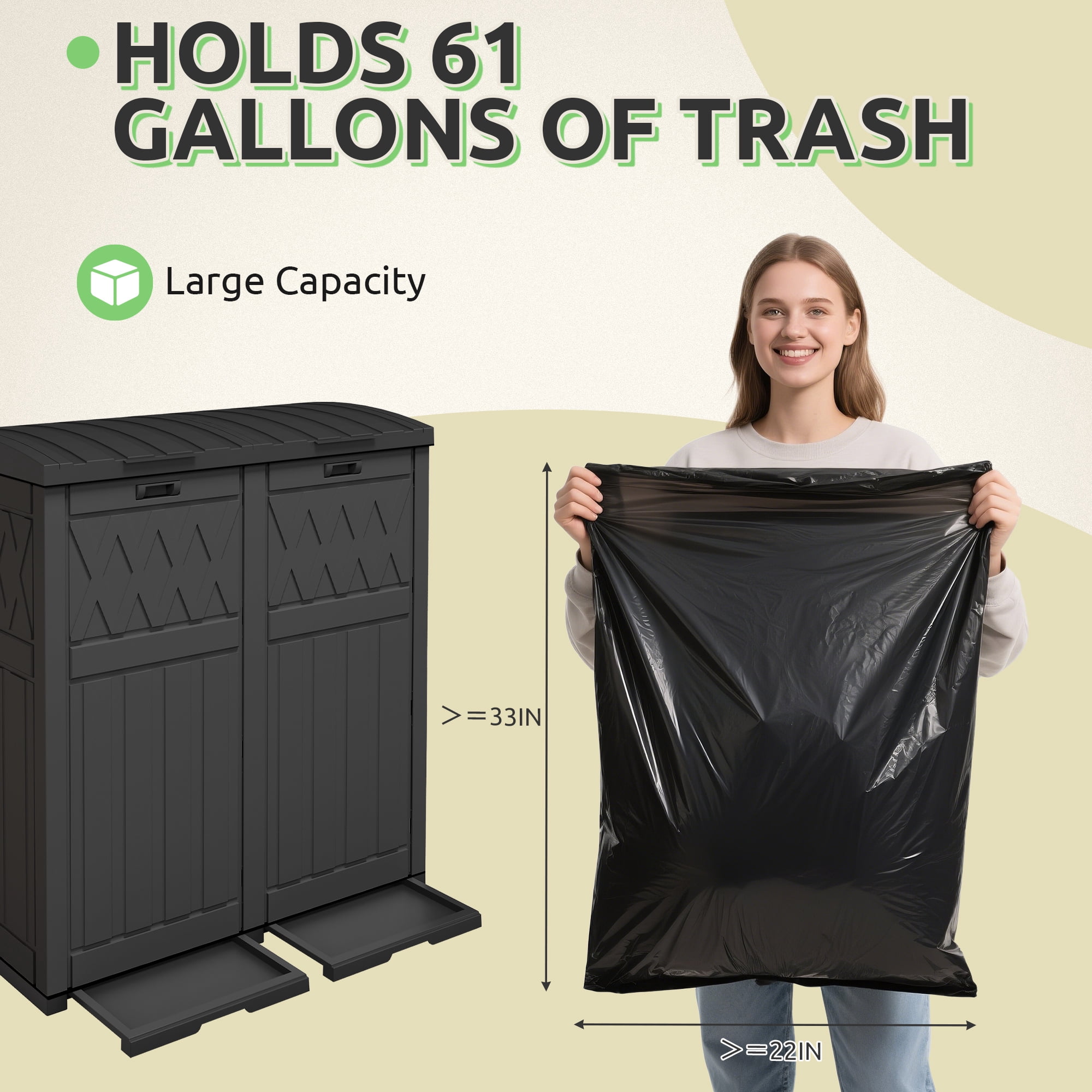 Uforic 62 Gallon Double Compartment Outdoor Trash Can, Waterproof Resin Garbage Bin with Tiered Lid and Drip Tray for Patio, Deck, Backyard, Black