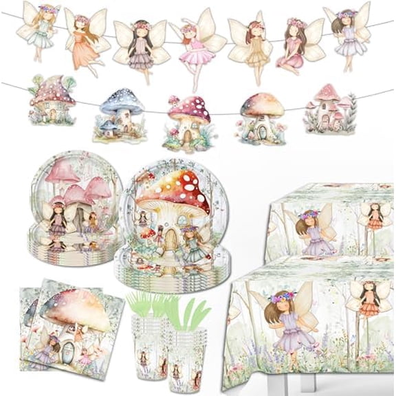 144Pcs Fairy Decorations - Birthday Tableware Set with Banner, Plates, Cups, Napkins, Tablecloth, Forks & Knives for Kids Parties$$