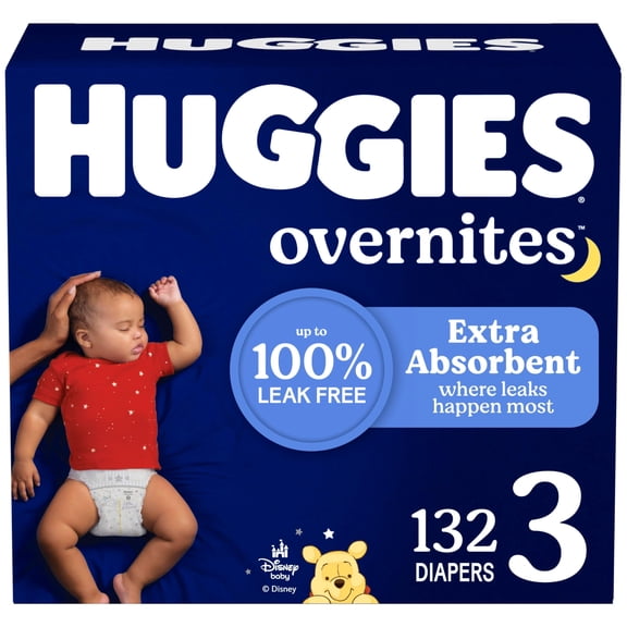 Huggies Overnites Size 3 Overnight Diapers (16-28 lbs), 132 Ct (2 Packs of 66), Packaging May Vary