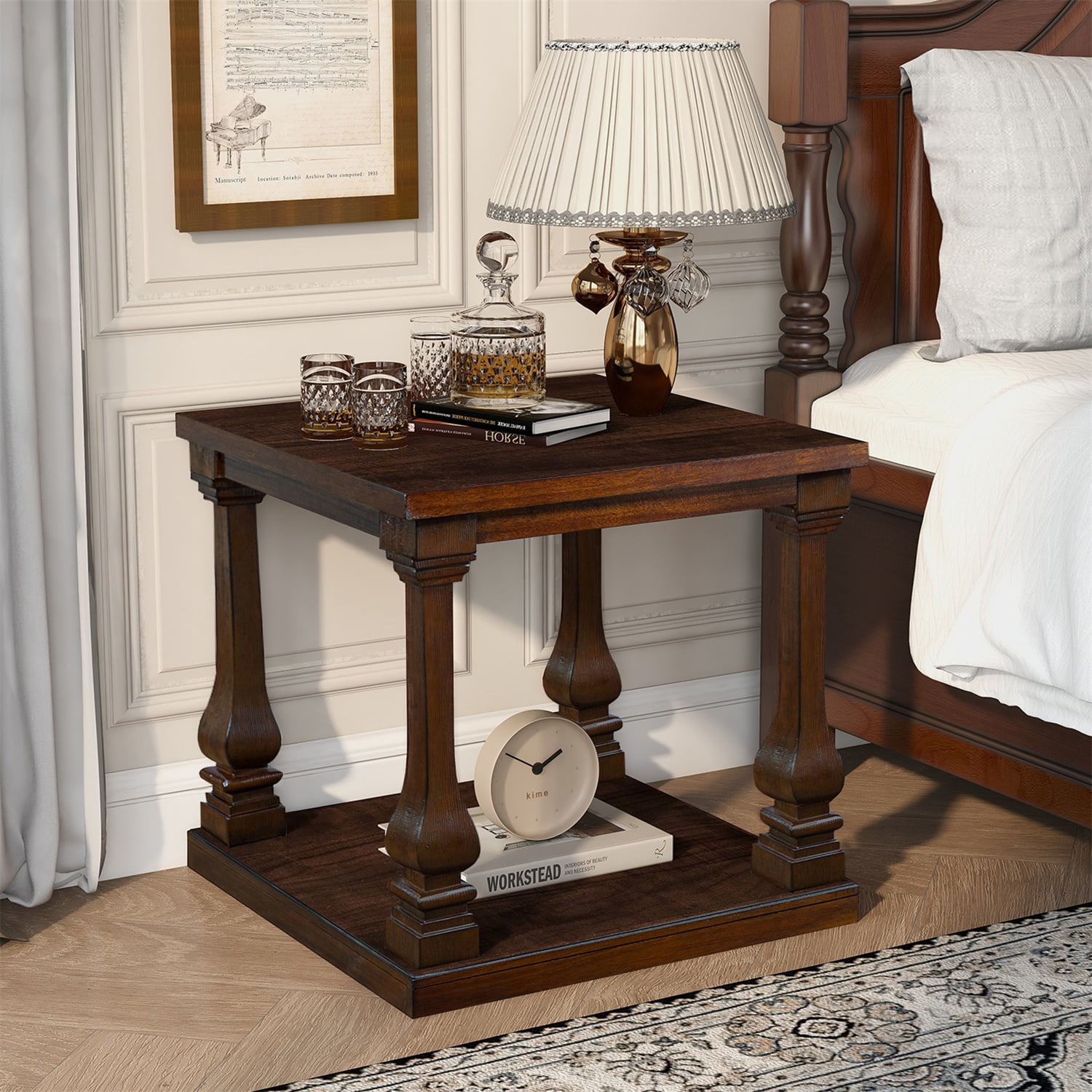 Hommoo 24.8" Farmhouse Wood End Table with Storage Shelf, Vintage 2-Tier Square Nightstand for Living Room, Bedroom & Entryway, Walnut