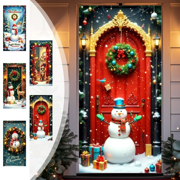 Boovnll Christmas Door Cover, 35x71" Merry Christmas Santa Claus/Snowman/Gnome Banner Christmas Door Covers Hanging Backdrop for Winter Holiday Front Door Party Decor, Christmas Decorations Outdoor