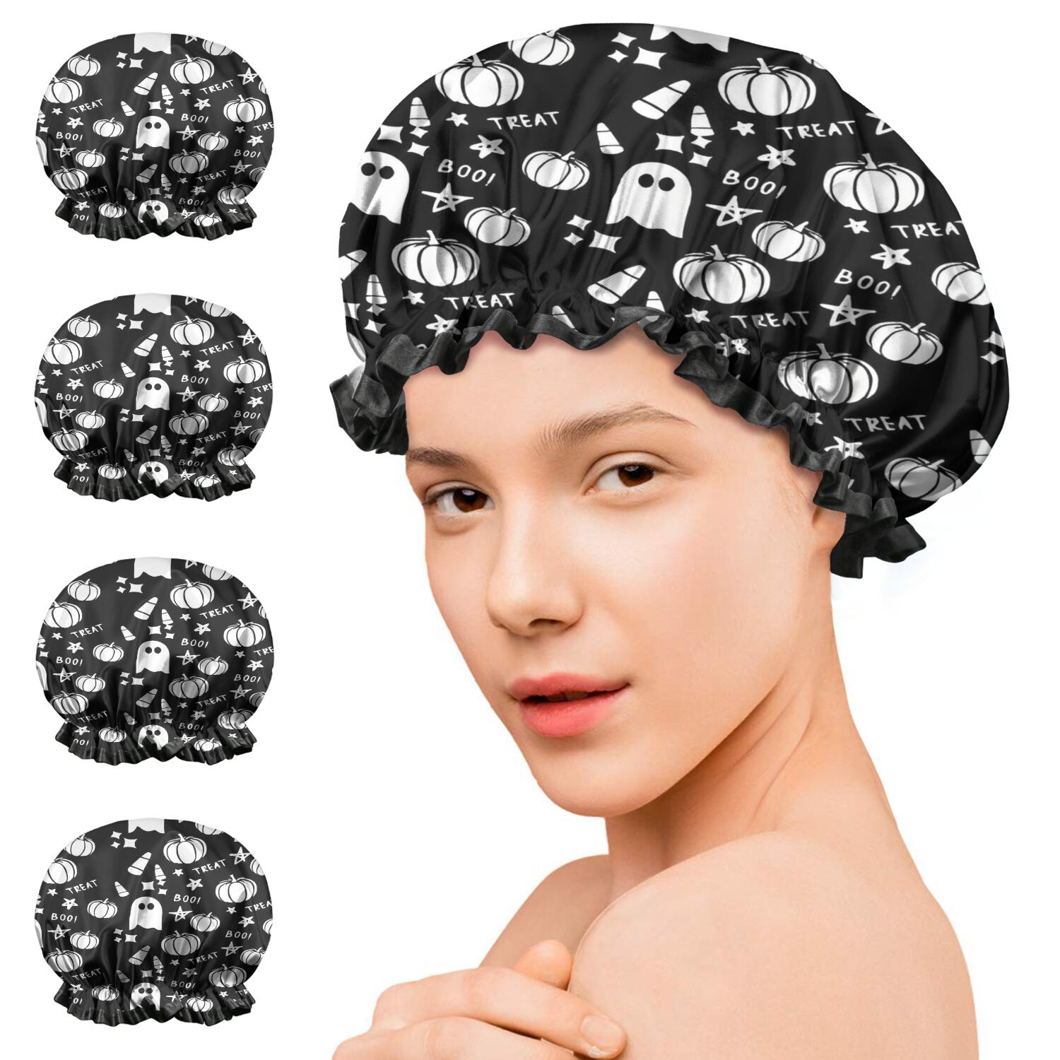 Shower Caps,Black Halloween Ghosts Pumpkins and Stars Waterproof Shower Cap for Women 4 Pieces,Double Reusable Hair Cover for Shower PEVA Elastic Stretch Hem