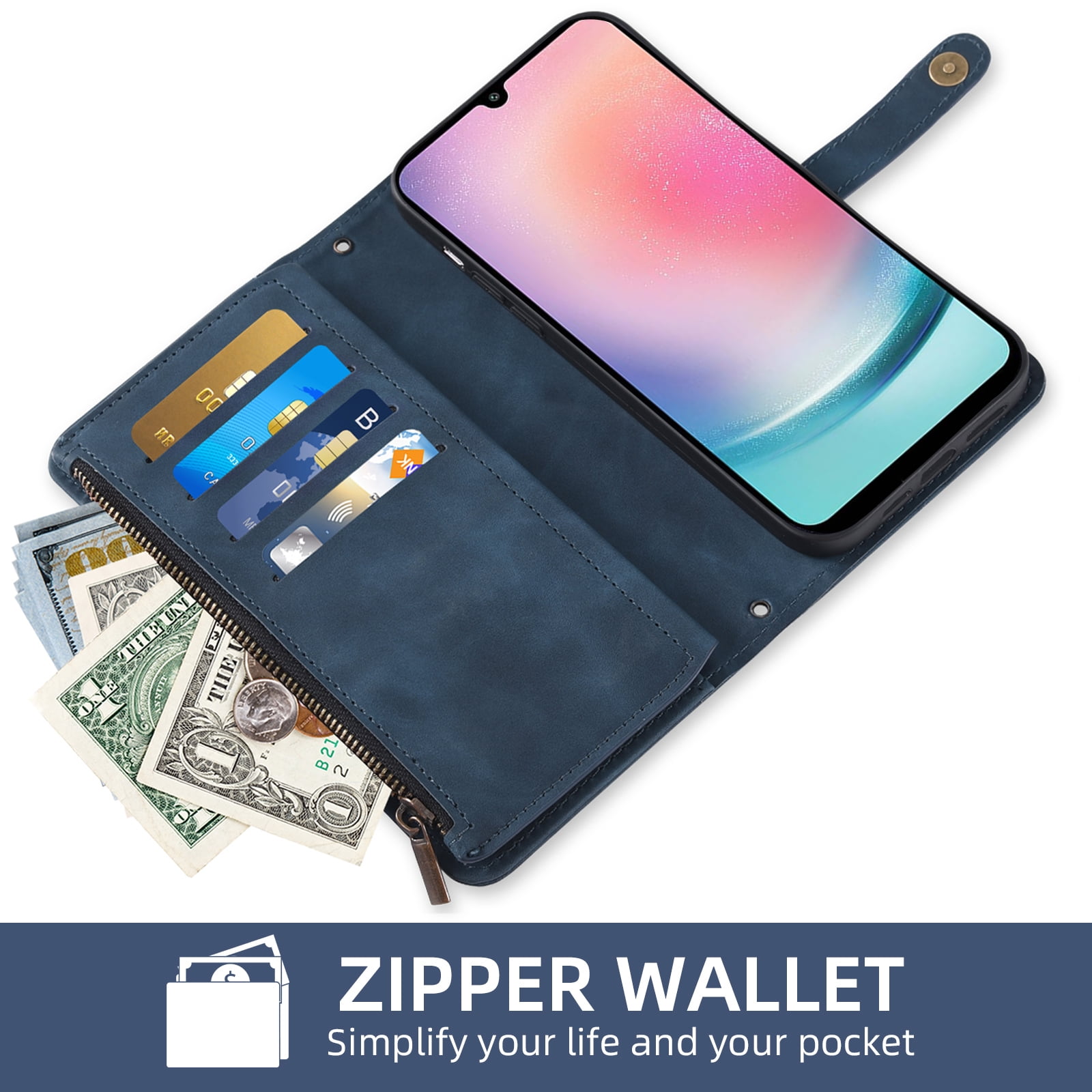 Asuwish Phone Case for Samsung Galaxy A25 5G Wallet Cover With Tempered Glass Screen Protector Crossbody Wrist Strap Flip Pattern Zipper Credit Card Holder Stand Cell A 25 25A SM-A256U Women Men Blue