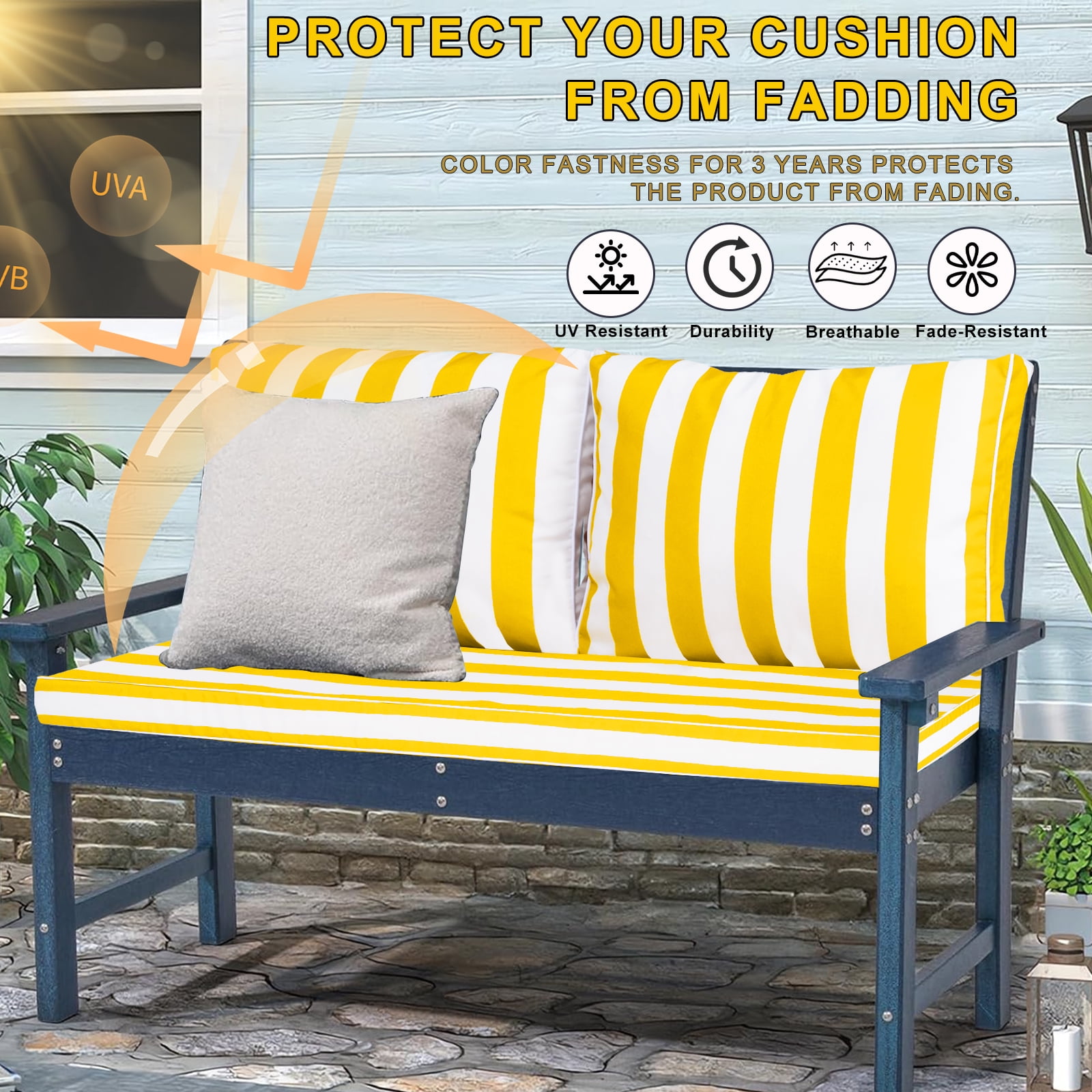 Outdoor Loveseat Cushions Set 48" x 24" Water Repellent & Fadeness Patio Furniture Cushions with Removable Cover and Ties, Patio Love Seat Sofa Cushions for Porch Garden Chair（Bright yellow white）