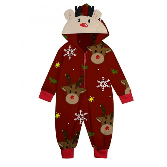 Gureui Matching Christmas Family Pajamas One Piece Jumpsuit, Long Sleeve Hooded Cartoon Elk Printed Zipper Closure Sleepwear for Mom/Dad/Kids/Baby