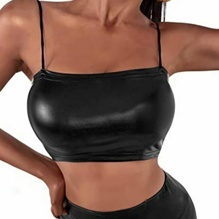 

KDJ Strappy Tank Top Women Pu Leather Gothic Sexy Camisole Black Vest Bodycon Crop