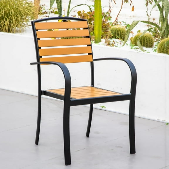 FOH Outdoor Patio Dining Chair, Black Aluminum Frame with Wood-Look Slats, Weather-Resistant