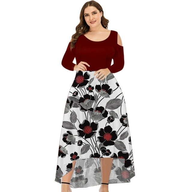 Pompotops Robe de Soirée Sans Bretelles à Manches Longues Dégradé Imprimé Floral Col Rond Aguichant pour Femmes Grande Taille Ourlet Irrégulier