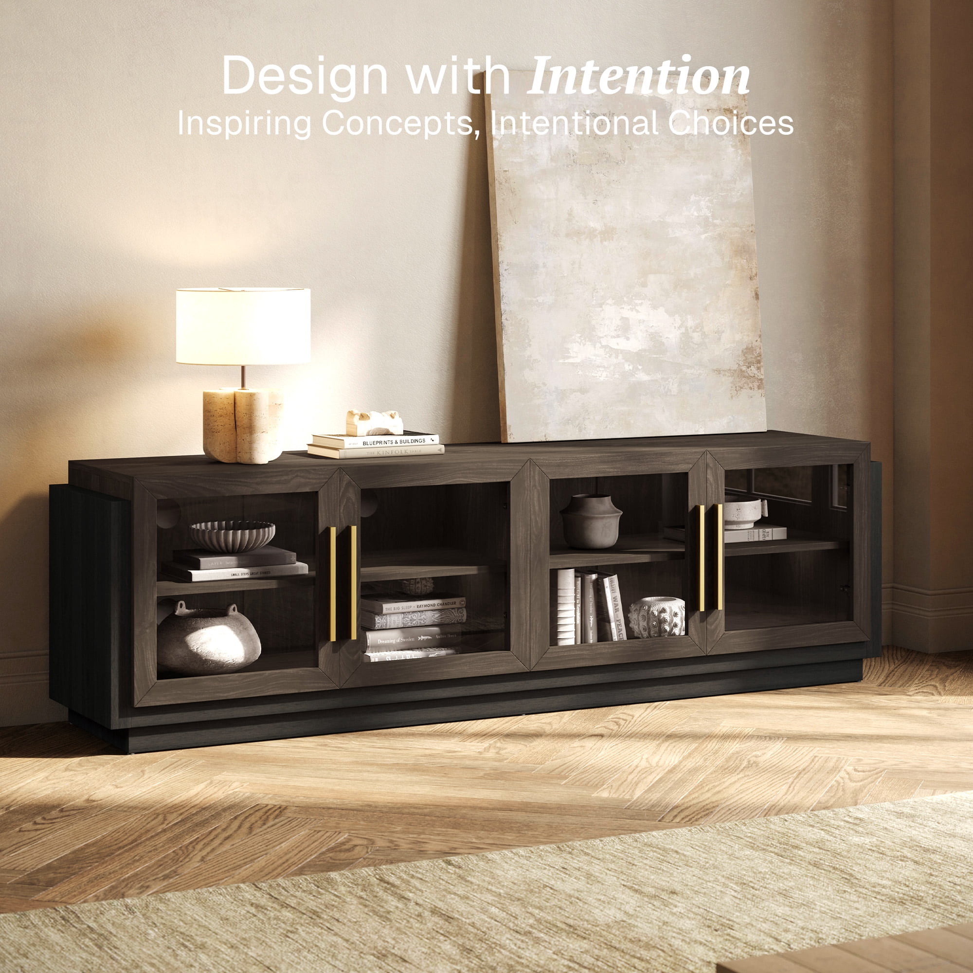 BELLEZE 70" TV Stand for TVs up to 75", Modern TV Stand & Entertainment Center with Shelves, Wood Storage Cabinet for Living Room or Bedroom - Brixston (Brown)