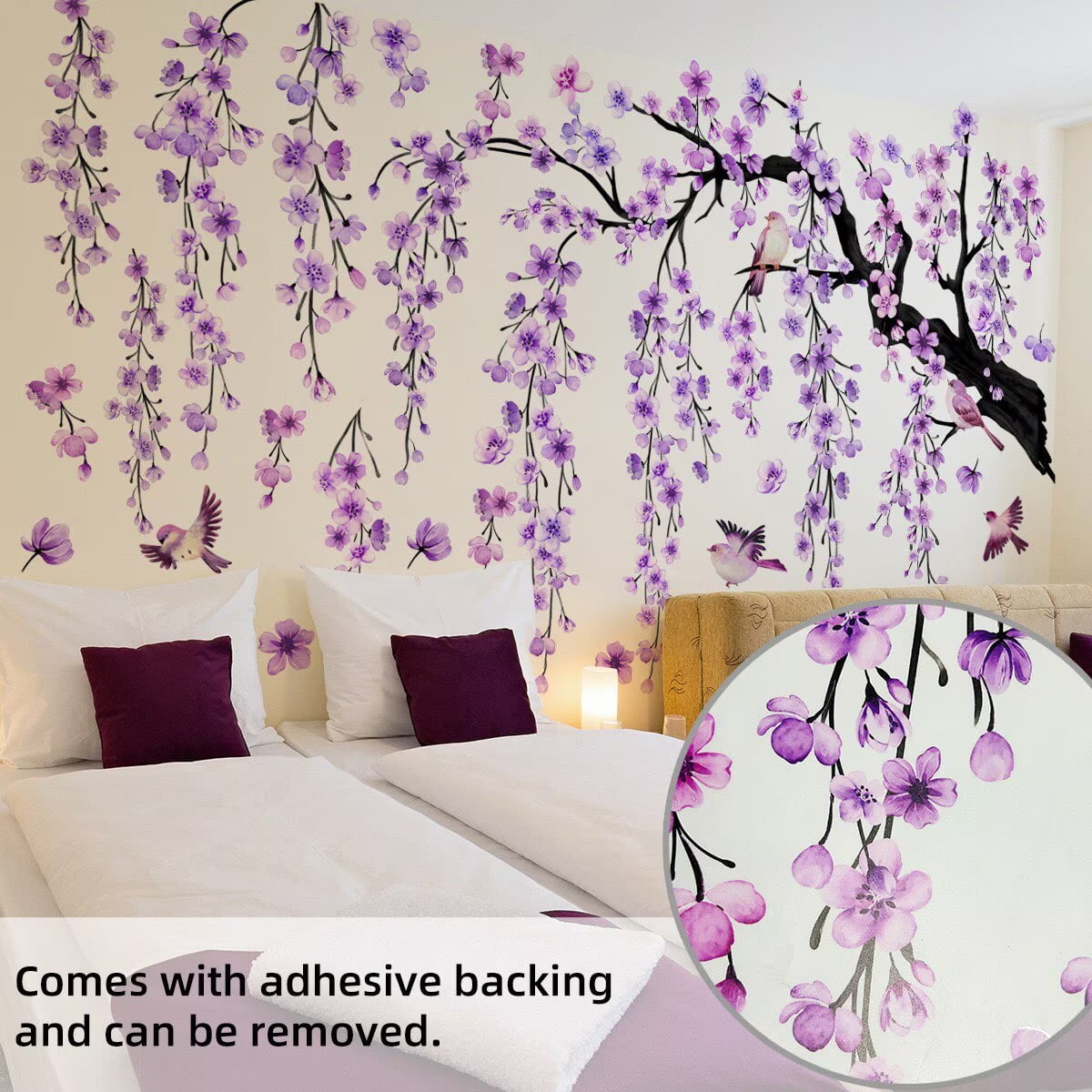 Large Tree Sticker purple Hanging Plants Wall Sticker Birds Flower Branches Wall Art Decals Transparent Wall Murals Peel and Stick Nature for Living Room Bedroom TV Wall glass dec