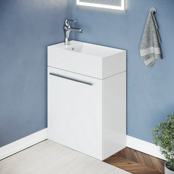 Dandi Wall Mounted Cabinet Vanity Bathroom Sink 17 3/4" White Combo Faucet Drain w/Towel Bar Faucet Drain and Overflow Renovators Supply