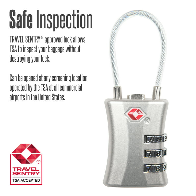 Protege 3 Dial Combination Zinc Alloy Travel Cable Luggage Lock, TSA  Approved, Silver