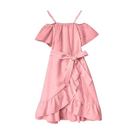 

XIEULQP Baby Girl Clothes Girls Summer Soild Dress Shoulder Chiffon Ruffles Sundress Spaghetti Strap Casual Beach Dresses Summer Dress Pink