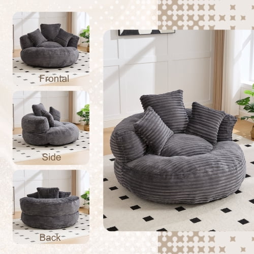 Oversized Bean Bag Chair with Armrest & 3 Pillows, Corduroy Bean Bag Sofa for Adults, High-Density Memory Foam Filling, Lazy Lounger for Bedroom, Living Room, Dorm, Dark Gray