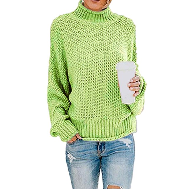 Suéter de mujer, jersey de punto grueso, cuello medio alto, informal, holgado, con mangas de murciélago Fruta verde