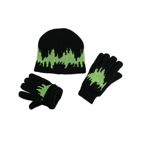 NICE CAPS Big Kids Boys Girls Glow in the Dark Sherpa Lined Cable Knit 2 Piece Hat Glove Winter Snow Accessory Set - Fits Youth Childrens Child Sizes For Cold Weather