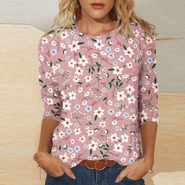 Blouse Mode Femme Manches 3/4 Col Rond Imprimé Ample