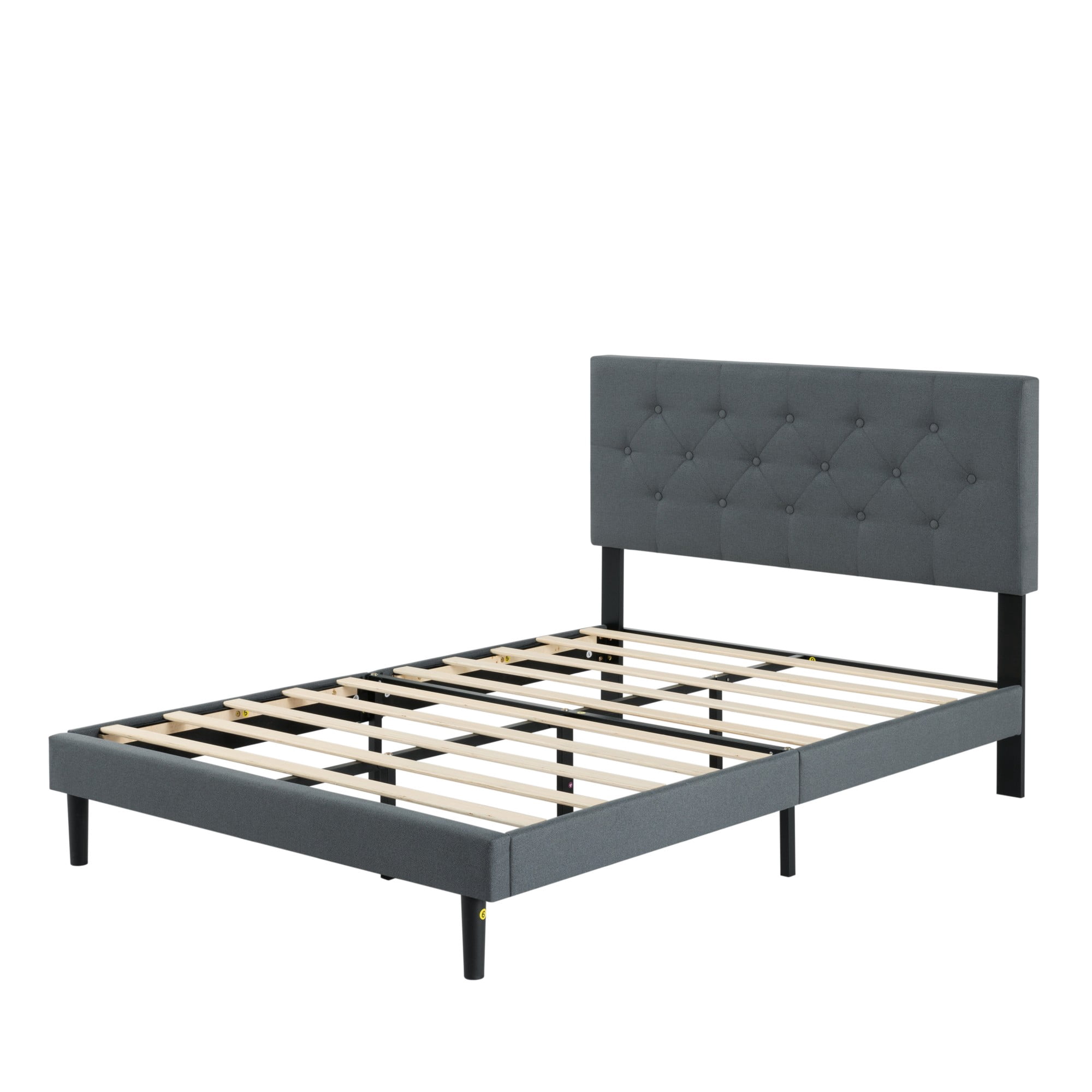 Gewnee Full Size Bed Frame,Linen Platform Bed with Upholstered Button Headboard,Modern Bedroom Furniture with Wood Support,No Box Spring Needed,Dark Grey