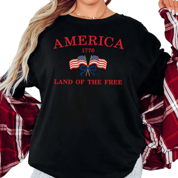 UNISHE Women's 4th of July Land of the Free Patriotic America 1776 Flag Bow Graphic Short Sleeve T-Shirt Cotton Crewneck Top