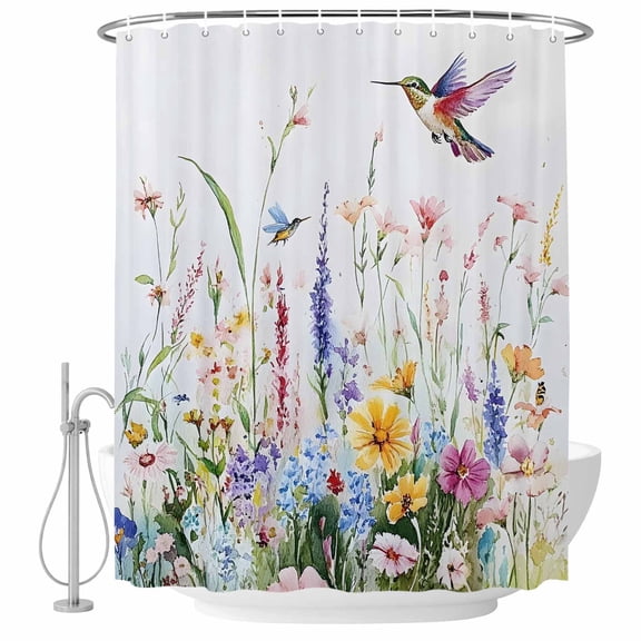 Xipuska Hummingbird Floral Shower Curtain - Water Repellent Fabric Shower Curtains Washable, Farmhouse Floral Botanical Decorative Polyester Cloth Bathroom Curtains Modern Bath Decor 66"x72"
