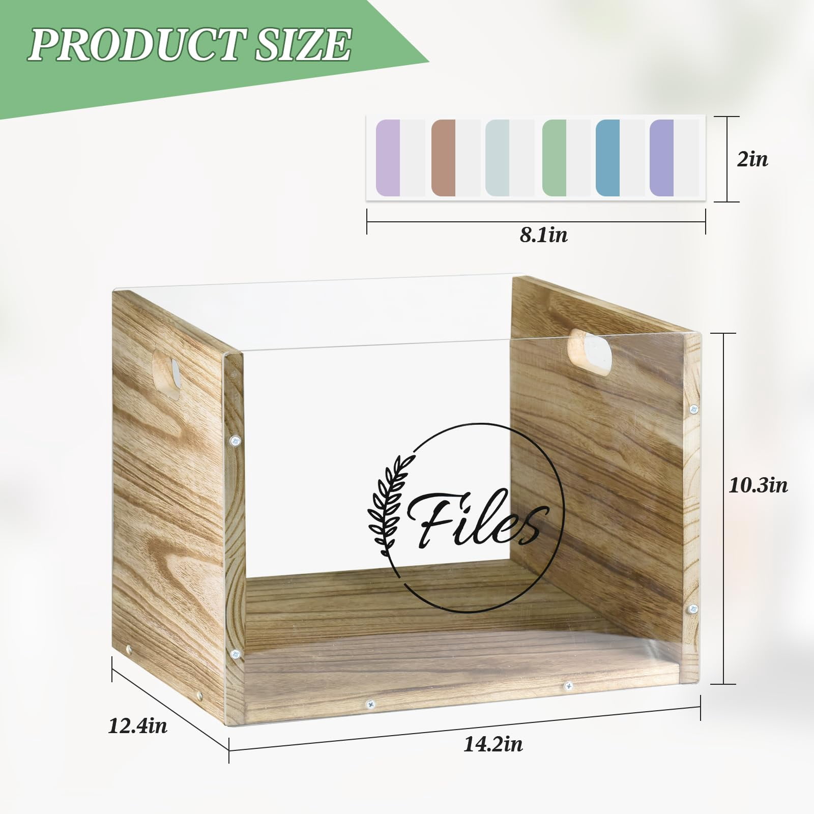 Clear Acrylic File Box Organizer, Wood Hanging Folder Storage Boxes, Filing Crate Bin Holder with Handle for Home Office Desk, Letter Size