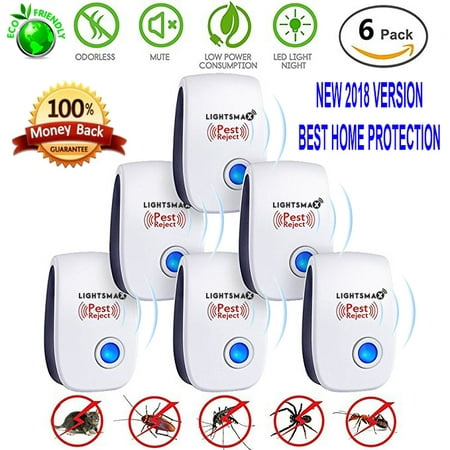 6 Packs [2018 NEW UPGRADED] LIGHTSMAX - Ultrasonic Pest - Electronic Plug -In Pest Control Ultrasonic - Best Repellent for Cockroach Rodents Flies Roaches Ants Mice Spiders Fleas