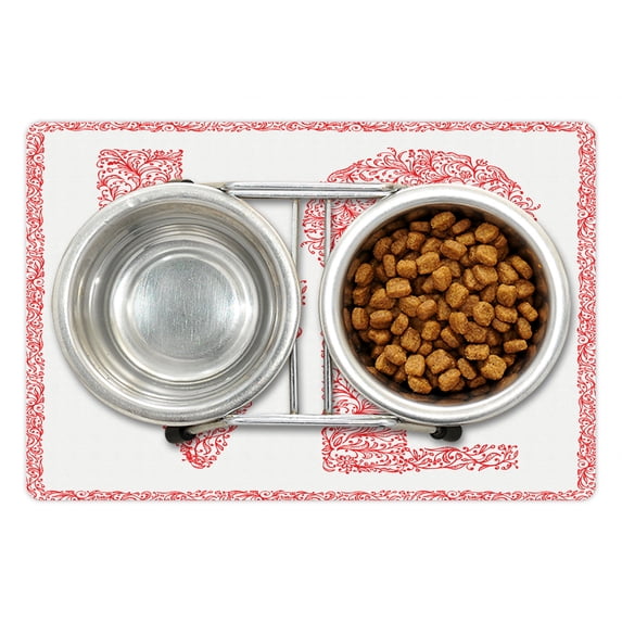 Love Pet Mat for Food and Water, Word Love with Floral Ornament Nature Inspiration Valentines Day Illustration, Non-Slip Rubber Mat for Dogs and Cats, 18" X 12", by Ambesonne