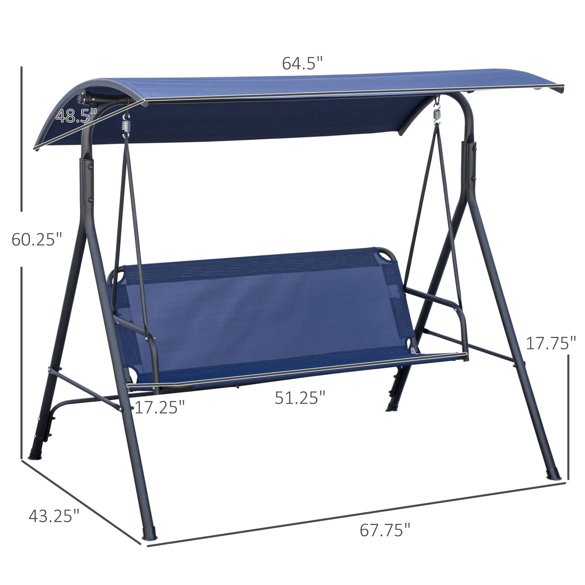 3 Person Outdoor Patio Swing Chair with Adjustable Tilt Canopy, Heavy Duty Steel A-Frame Porch Swing 440lbs Capacity Weather Resistant Bench for Backyard Poolside Balcony Dark Blue