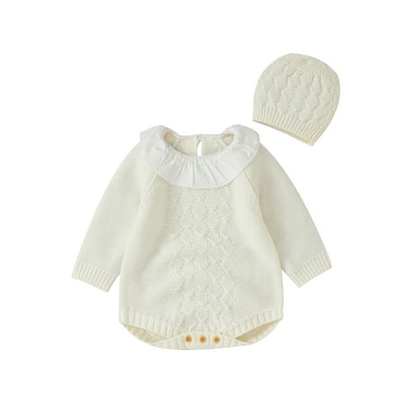 

Ma&Baby Cute Baby Girls Jumpsuits Outfit Ruffle Collar Long Sleeves Knitted Romper and Beanie Hat Set