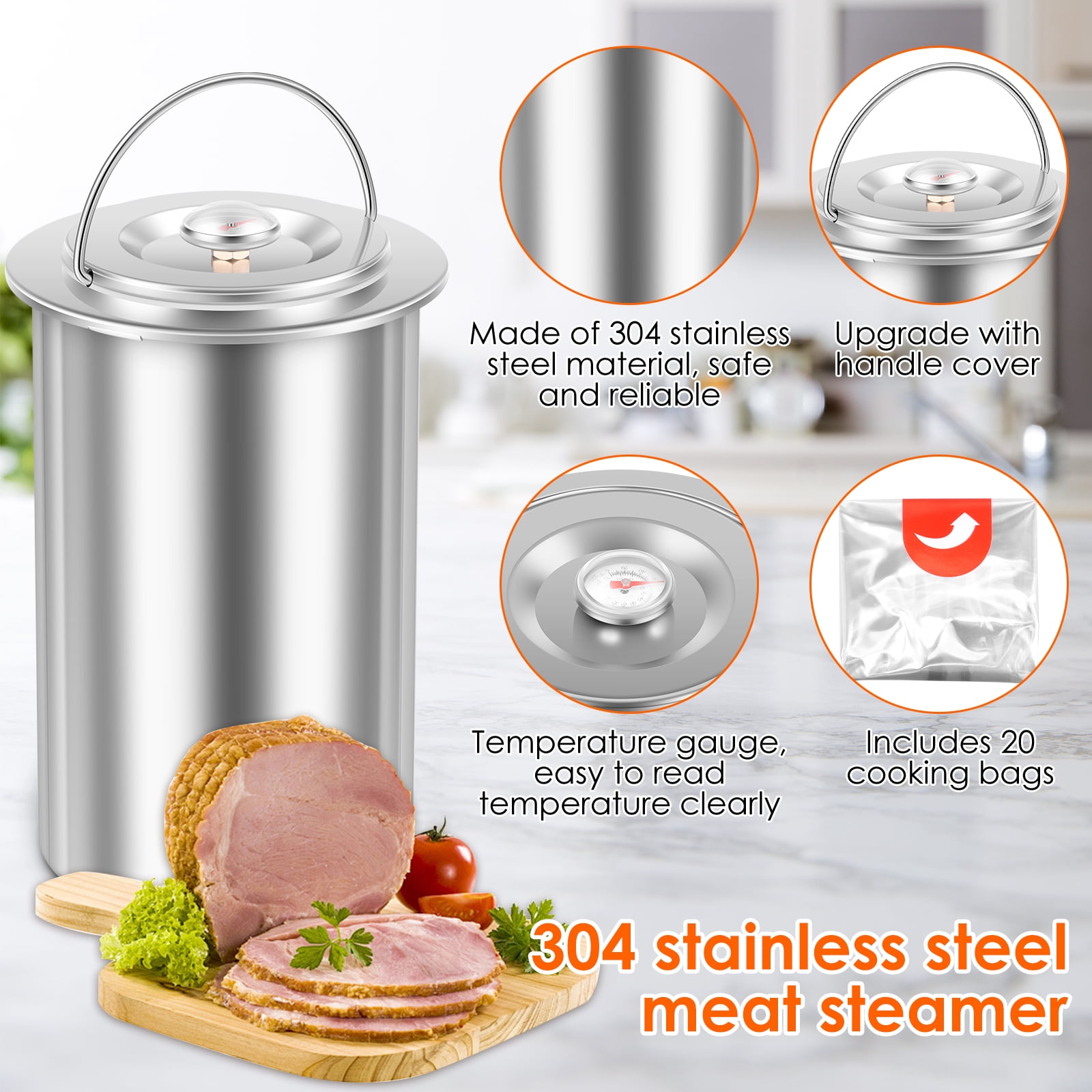 304 Stainless Steel Meat Press Cooker Ham Maker Meat Pressure Cooker Large Capacity Homemade Ham Press Maker with Thermometer and 10 Cooking Bag