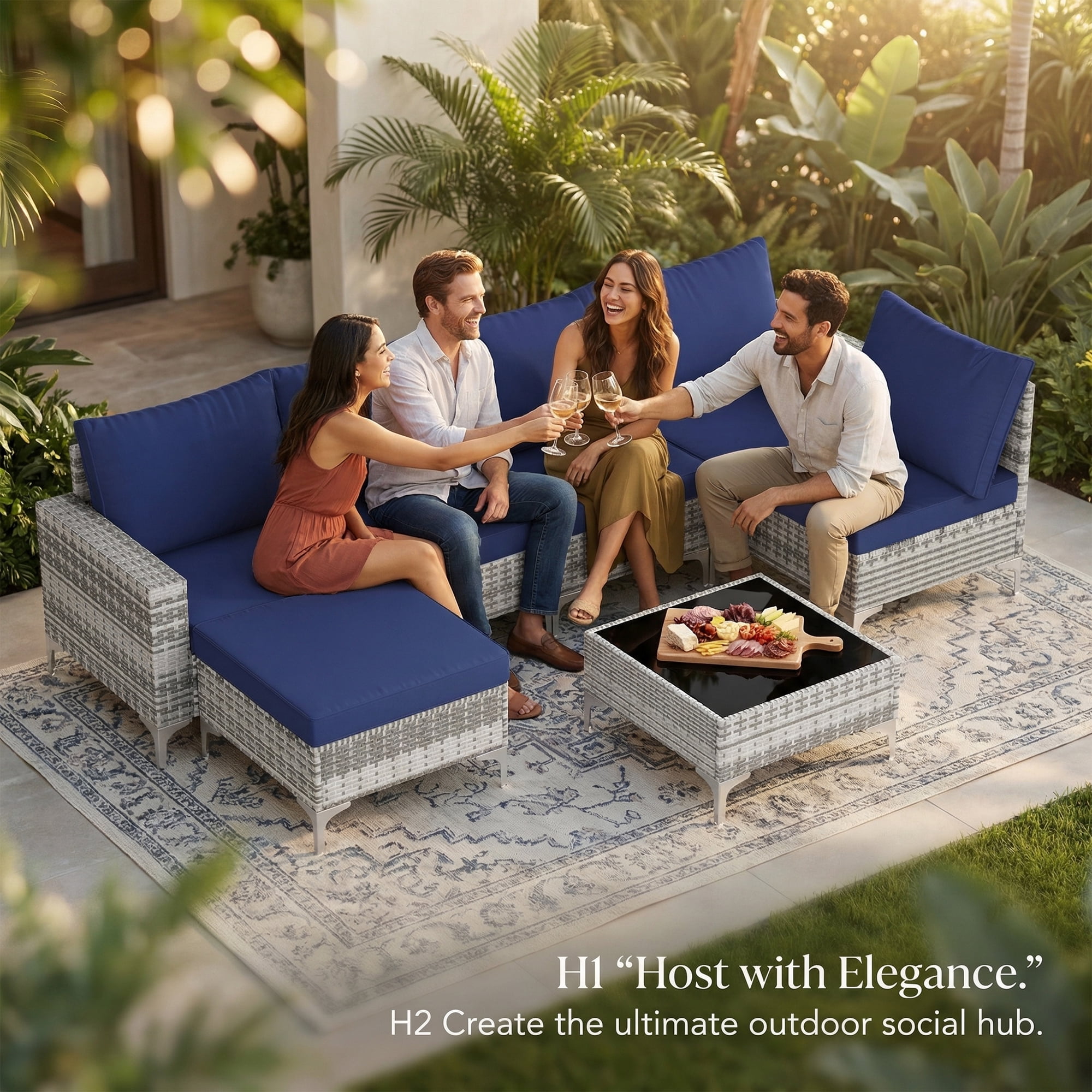 LAZZO 7-Piece Outdoor Conversation Set, Wicker Patio Furniture Set with Cushions and Coffee Table, Blue