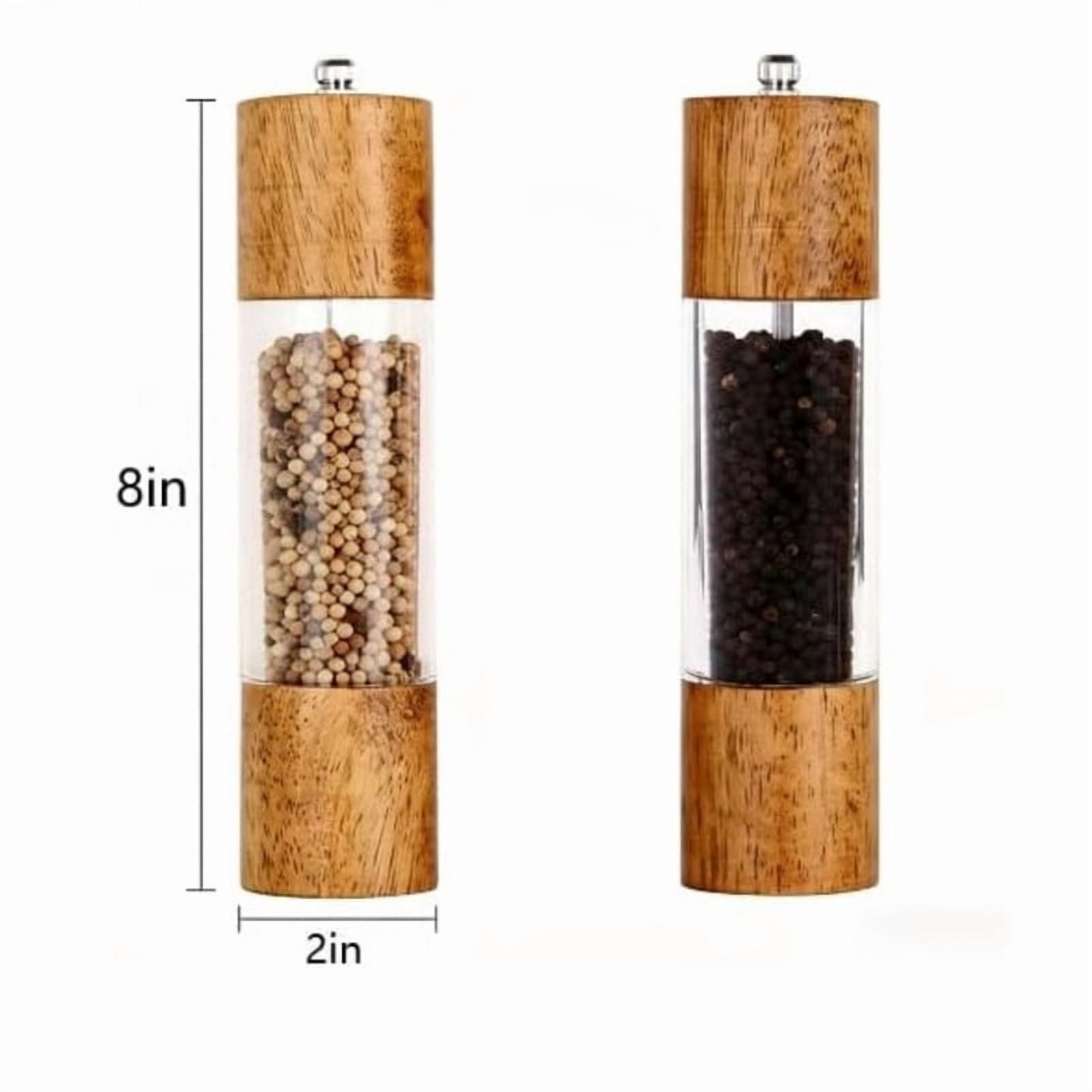Salt and Pepper Grinder Set, 2 Pack 8 Inches Manual Acrylic Mills, Refillable Salt Shaker and Pepper Mill for Kitchen, Wooden Design