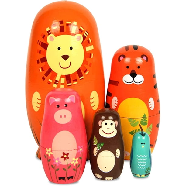 5 piezas de 6 pulgadas de alto lindas muñecas anidadas - Artículos pequeños de madera hechos a mano con diferentes patrones - Muñeca Matryoshka Muñecas de madera hechas a mano Patrón de animales