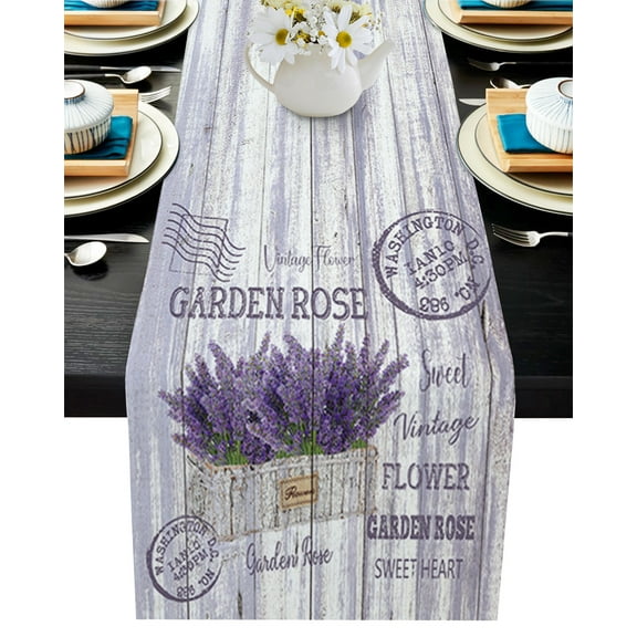 Table Runner Dresser Scarves 90 Inch Long, Garden Purple Lavender Flowers Linen Dining Table Runners Vintage Postcard Wood Grain Tabletop Scarf for Wedding Holiday Party Kitchen