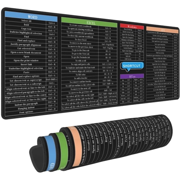 Computer Office Power Point Excel Word Short Cut Shortcuts Keys Gaming Keyboard Mouse Pad Mousepad Huge Extended XL Stitched Edge Rubber Sole for Home Office(31.5"X 11.8")