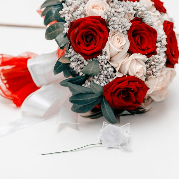 ELAYARD 144Pcs White Tulle Enhanced Foam Rose Heads with Stem for Wedding Bouquets and Table Decor